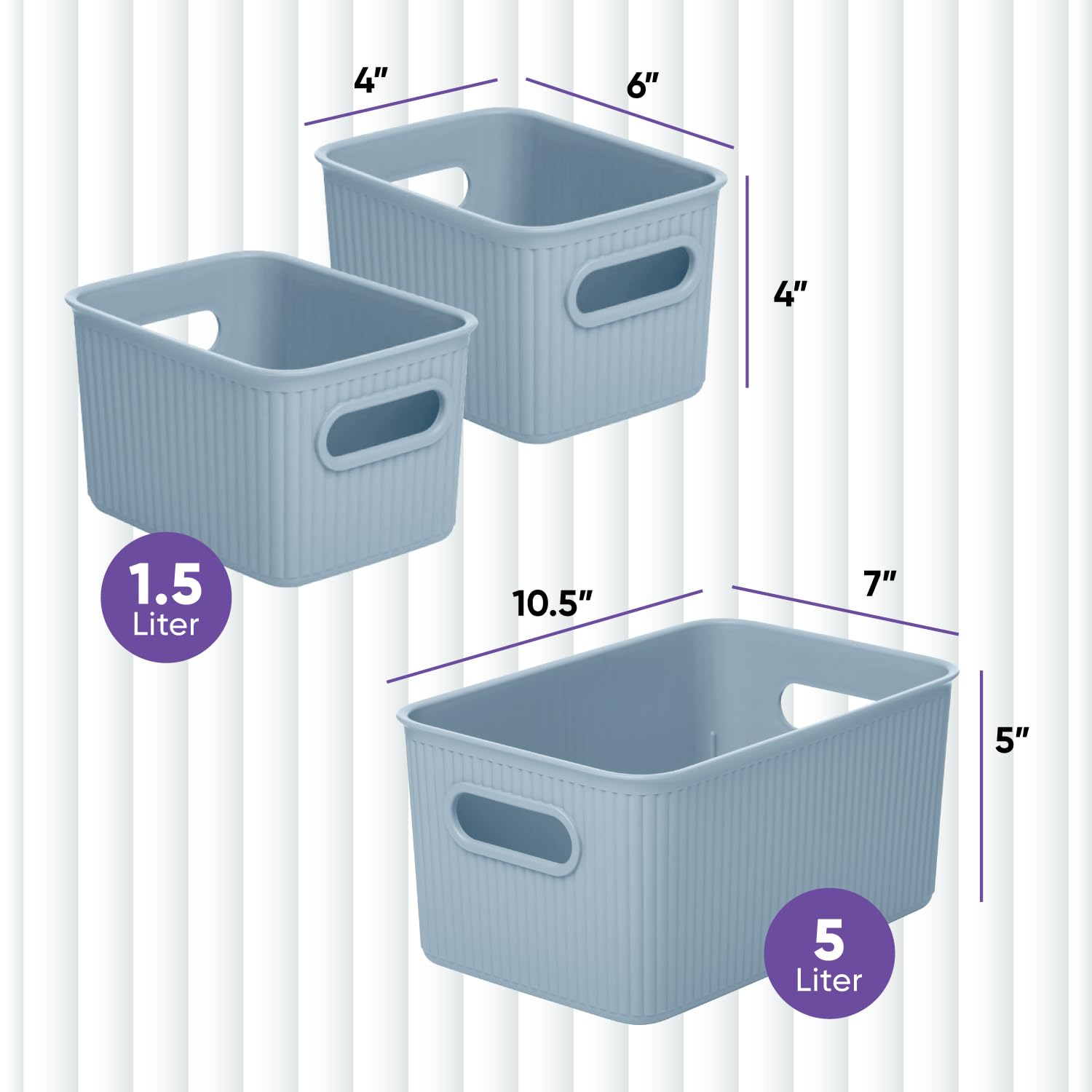 Superio Ribbed Collection - Decorative Plastic Basket Open Home Storage Bins Organizer, Blue (Set
