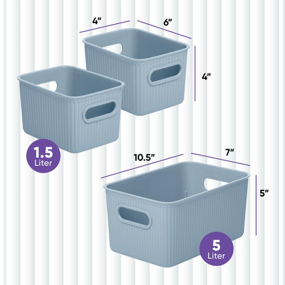 Superio Ribbed Collection - Decorative Plastic Basket Open Home Storage Bins Organizer, Blue (Set