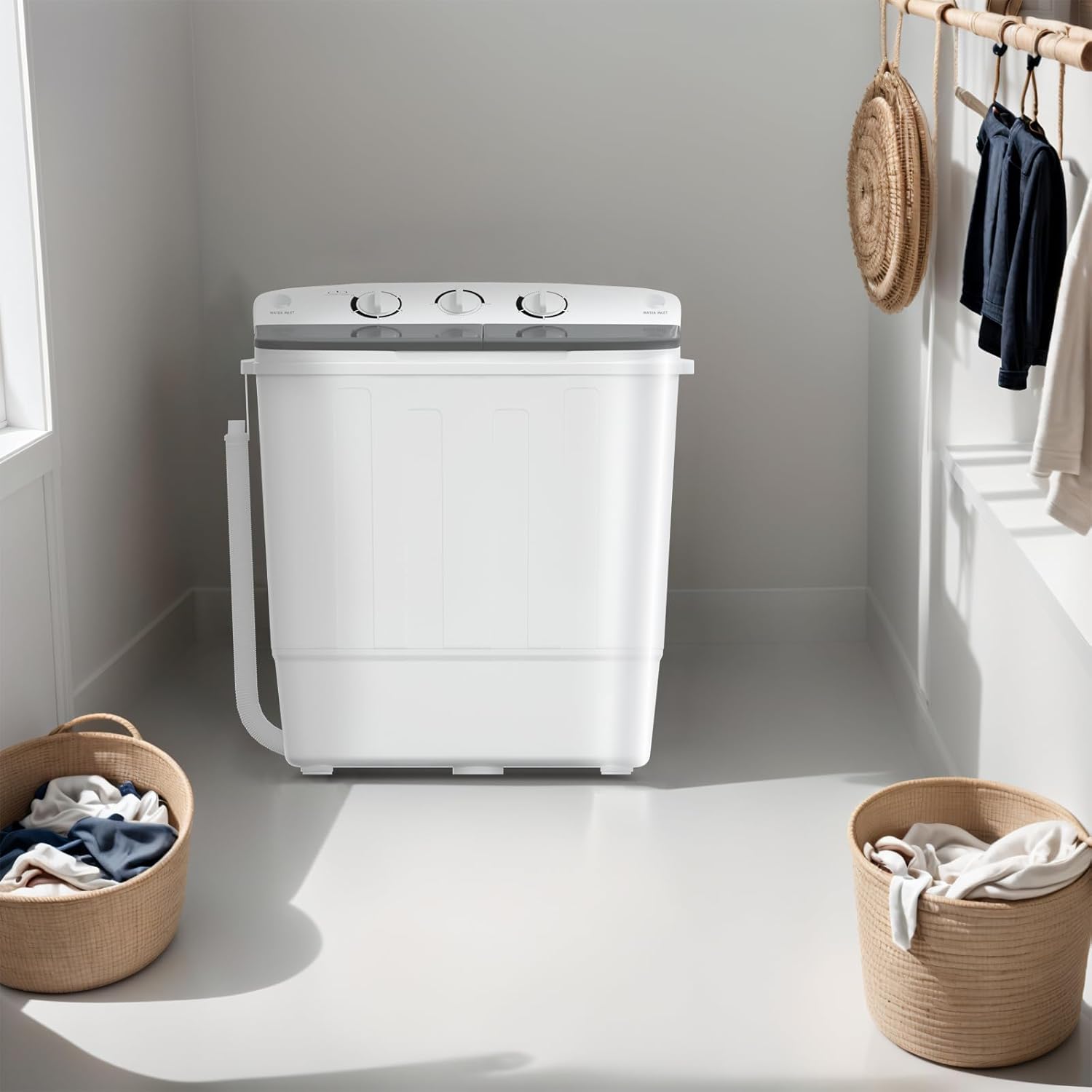 Portable Mini Twin Tub 18lbs Washing Machine With Drying Rack& 10 Hangers, 11lbs Washer & 7lbs