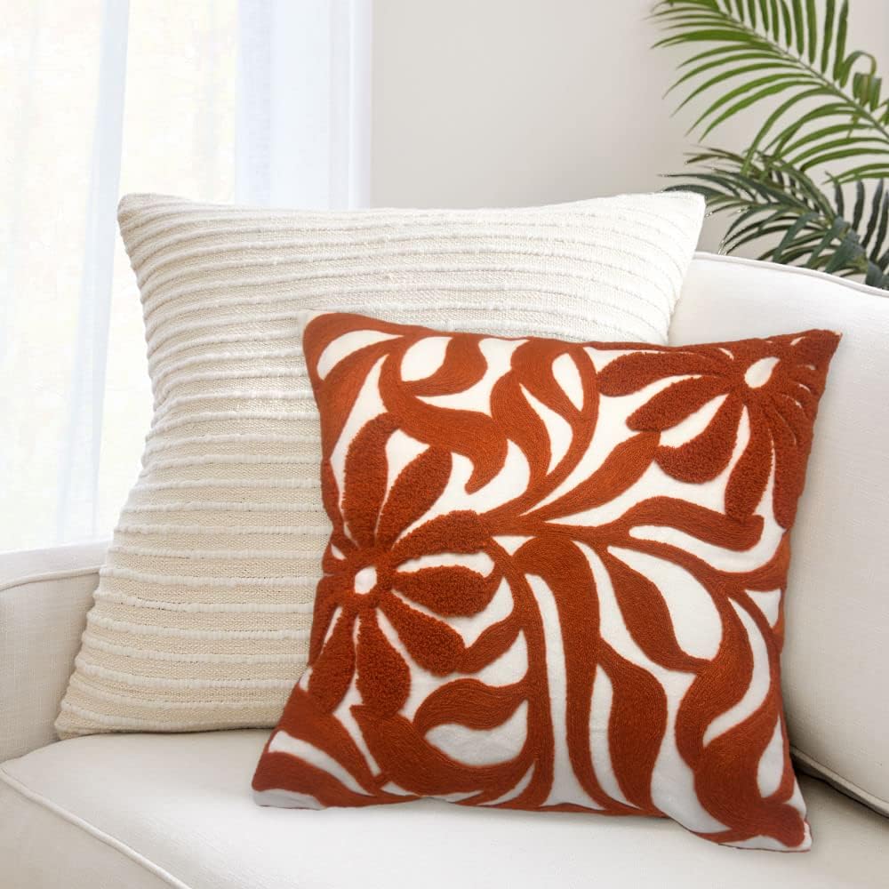 Alysheer Farmhouse Floral Leaves Embroidered Decorative Throw Pillow Cover 18x18 inches, Boho