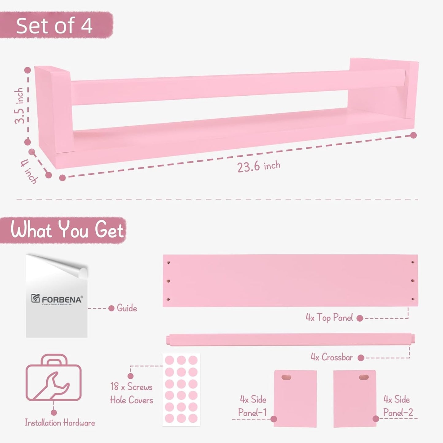 Forbena Large Pink Kids Book Shelves for Girls Room Wall Set of 4, Floating Nursery Book Shelf for