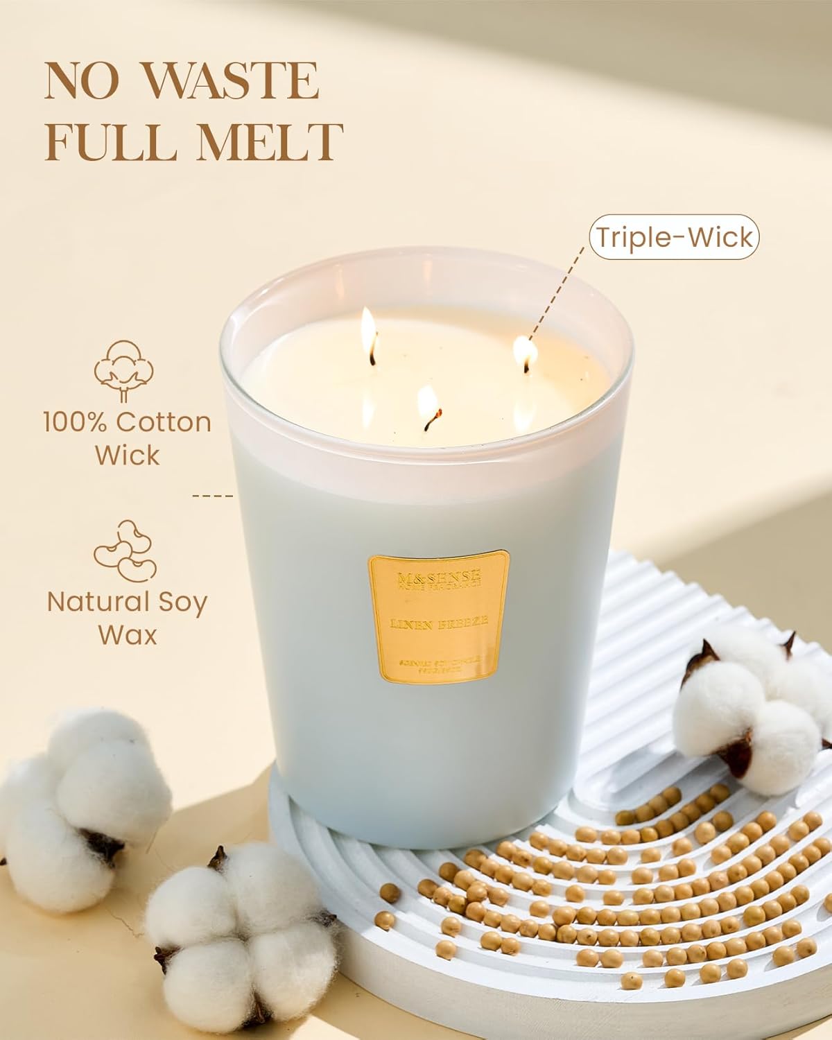 M&SENSE Large Soy Candle Linen Breeze Scented 35oz 150H Burn Time Long Lasting, 3-Wick Natural