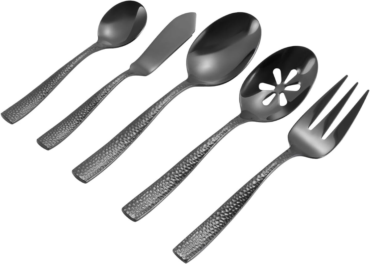 Stainless Steel Silverware Serving Set Hammered Black Mirror Finished 5 Piece Serving Utensil Set