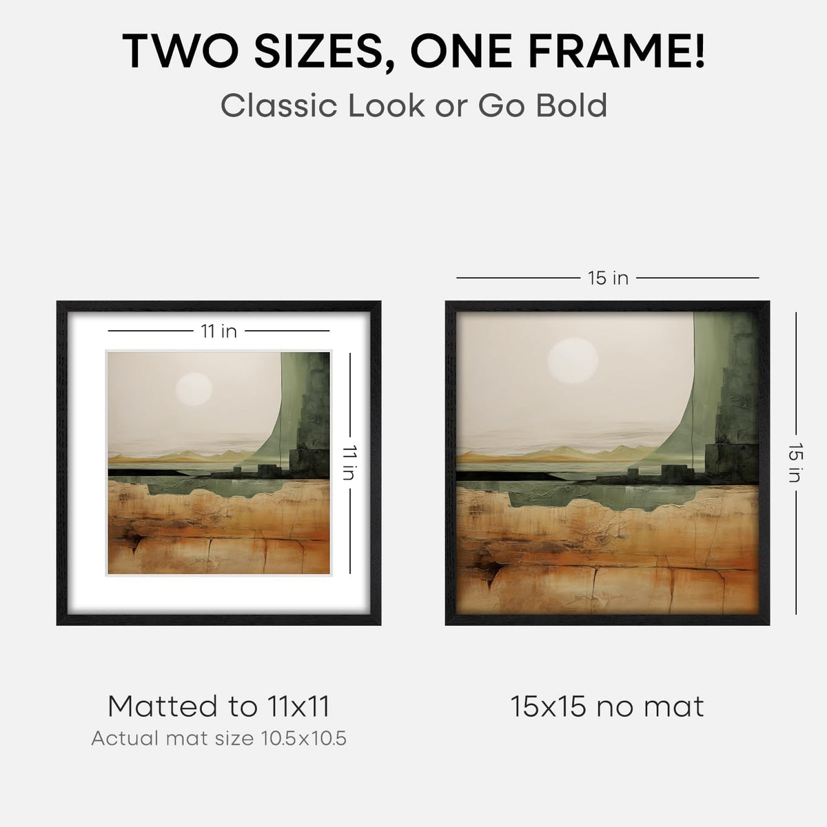 Homeforia 15x15 Black Wood Frame, High End Oak 15 x 15 Square Picture Frames with Mat 11 by 11