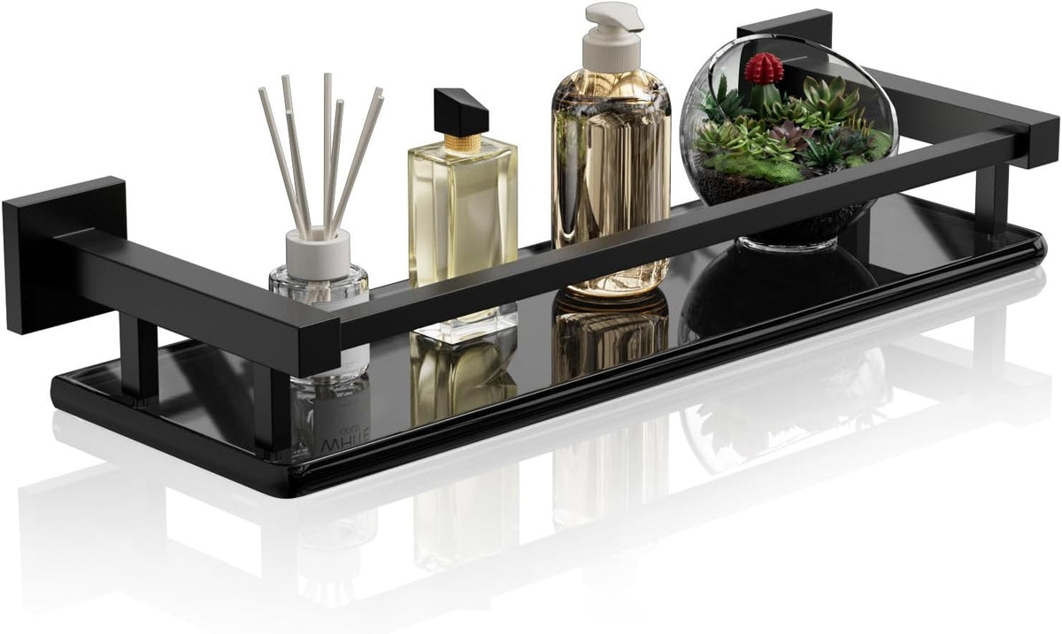 Alise Bathroom Glass Shelf with Stainless Steel Railing, Matte Black Small Tempered Glass Floating