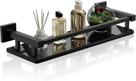 Alise Bathroom Glass Shelf with Stainless Steel Railing, Matte Black Small Tempered Glass Floating