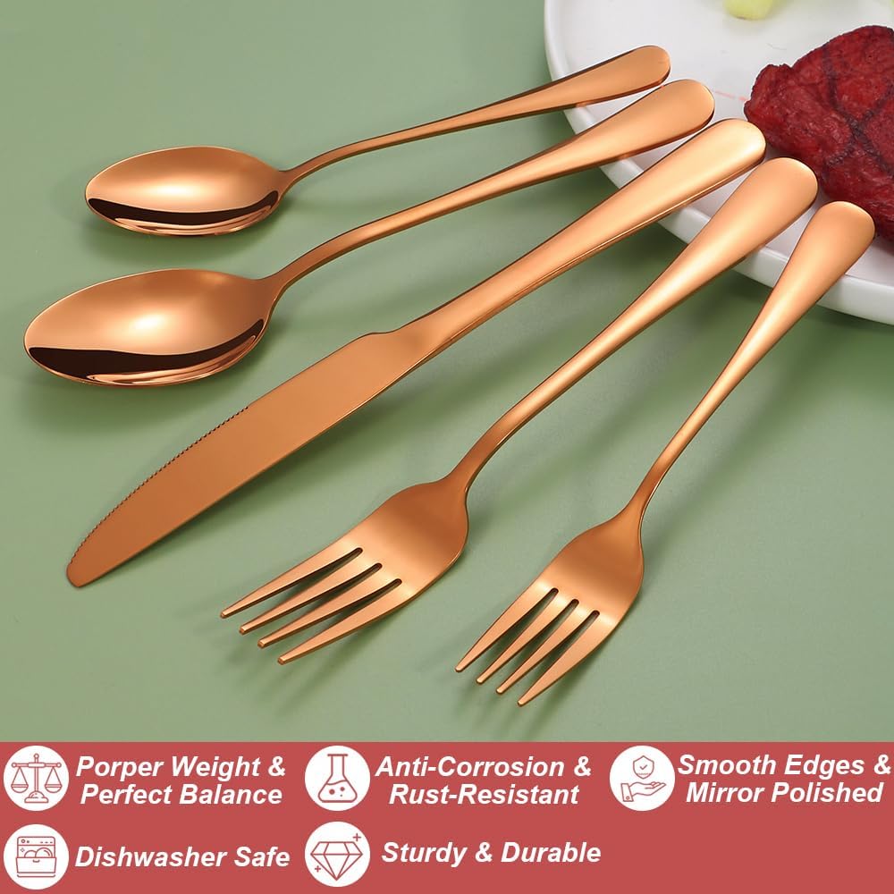 40 Pcs Rose Gold Silverware Set for 8, Food Grade Stainless Steel Flatware Set, Eating Utensils