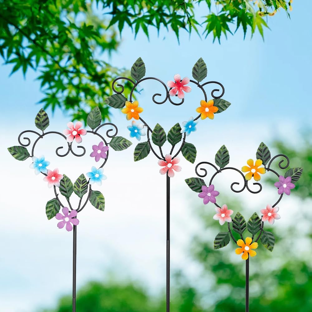 Metal Flowers Decorative Garden Stakes, 22.1 ''H Heart Shape Metal Flowers for Outside Yard Art
