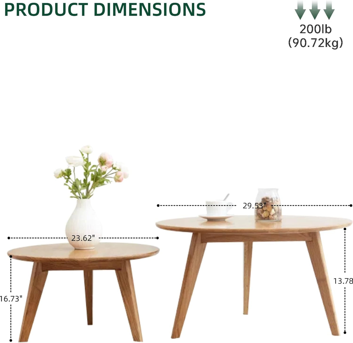 100% Solid Oak Wood Coffee Table Set, Round Coffee Table Combo Side Table w/Solid Wood Legs, Mid