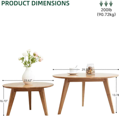 100% Solid Oak Wood Coffee Table Set, Round Coffee Table Combo Side Table w/Solid Wood Legs, Mid