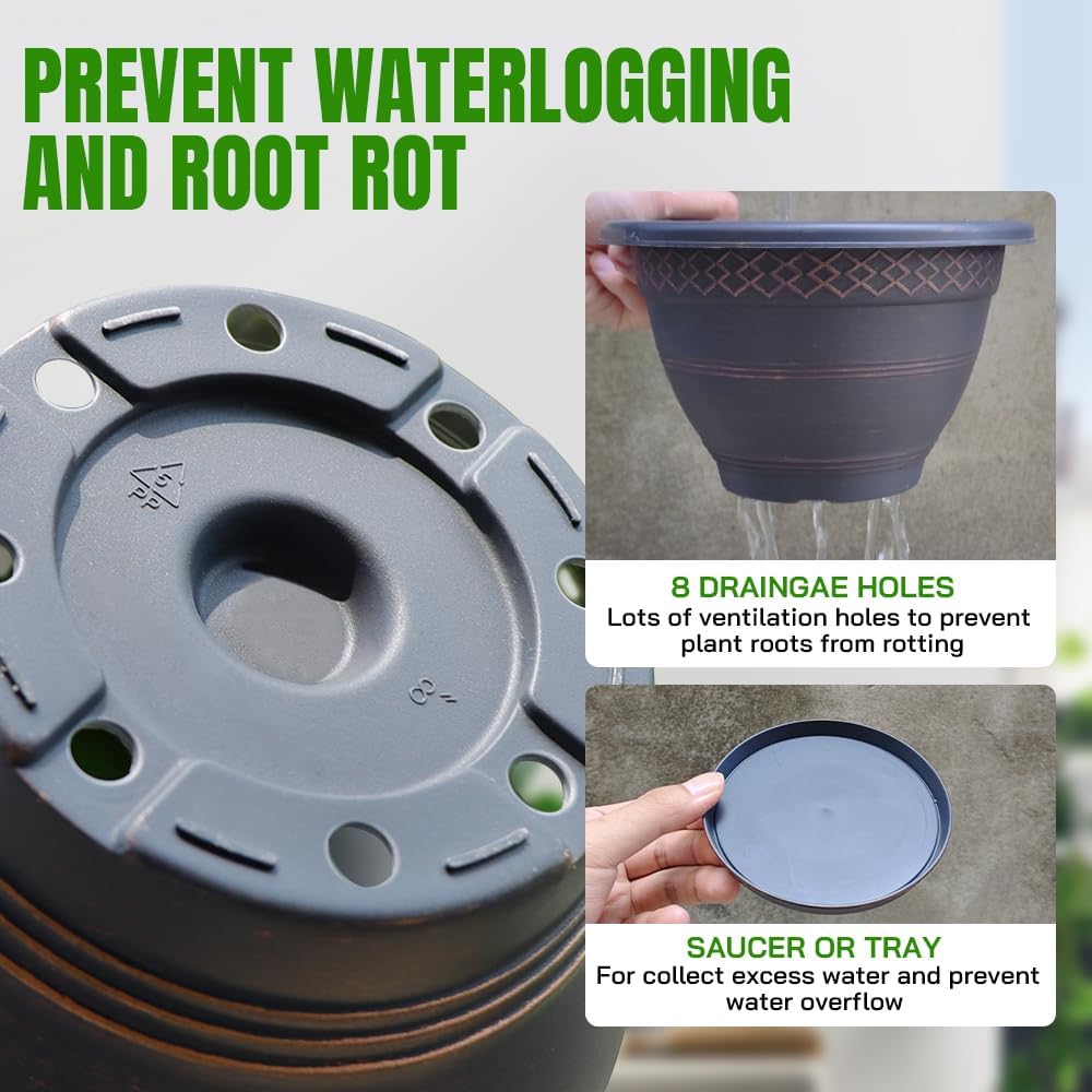 4 Pack 16 Inch Large Plant Pots, Plastic Flower Pot for Indoor & Outdoor with Drainage Holes &