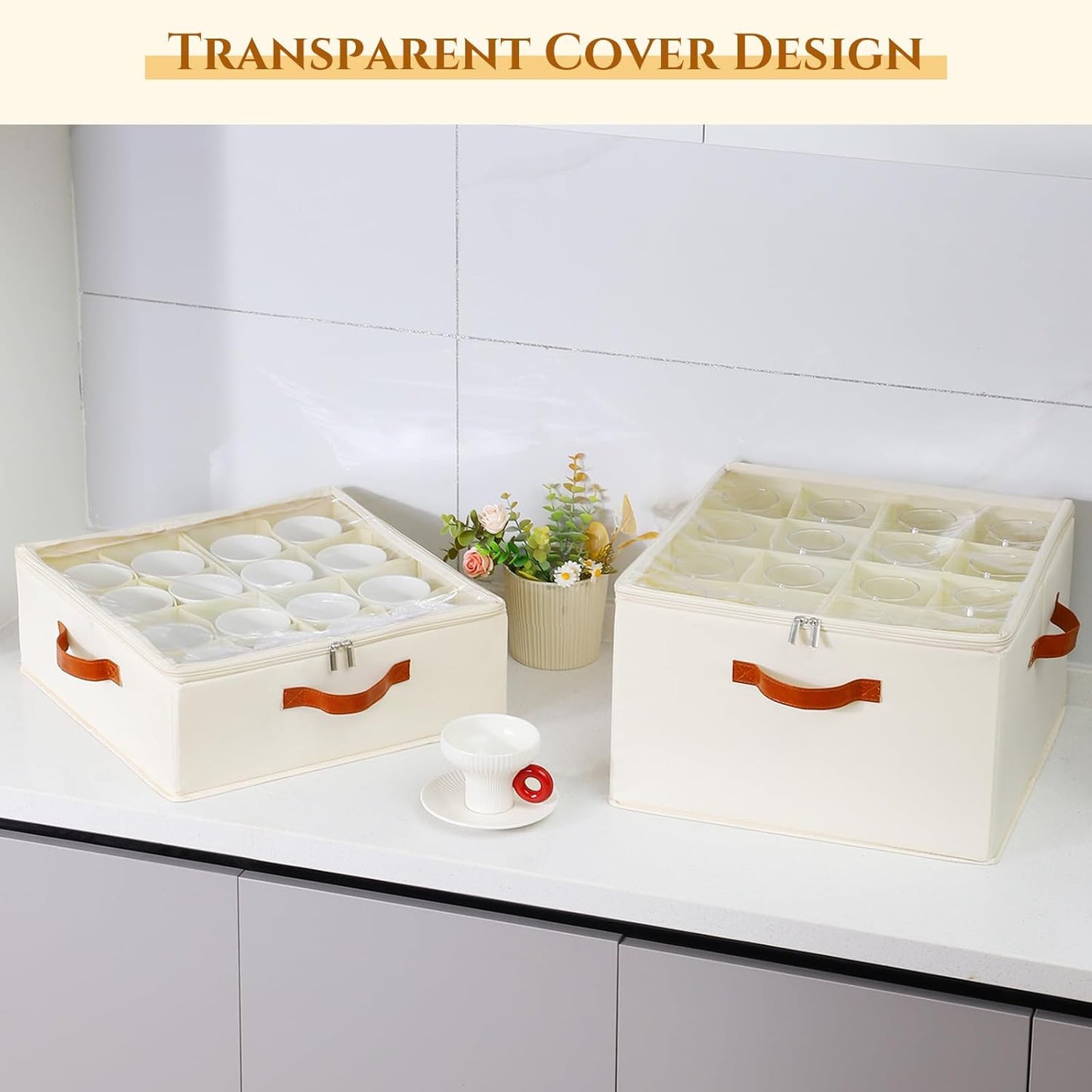2 Pack Cup and Mug Storage Box with Dividers and Hard Shell, Stackable Coffee Cup Storage Organizer