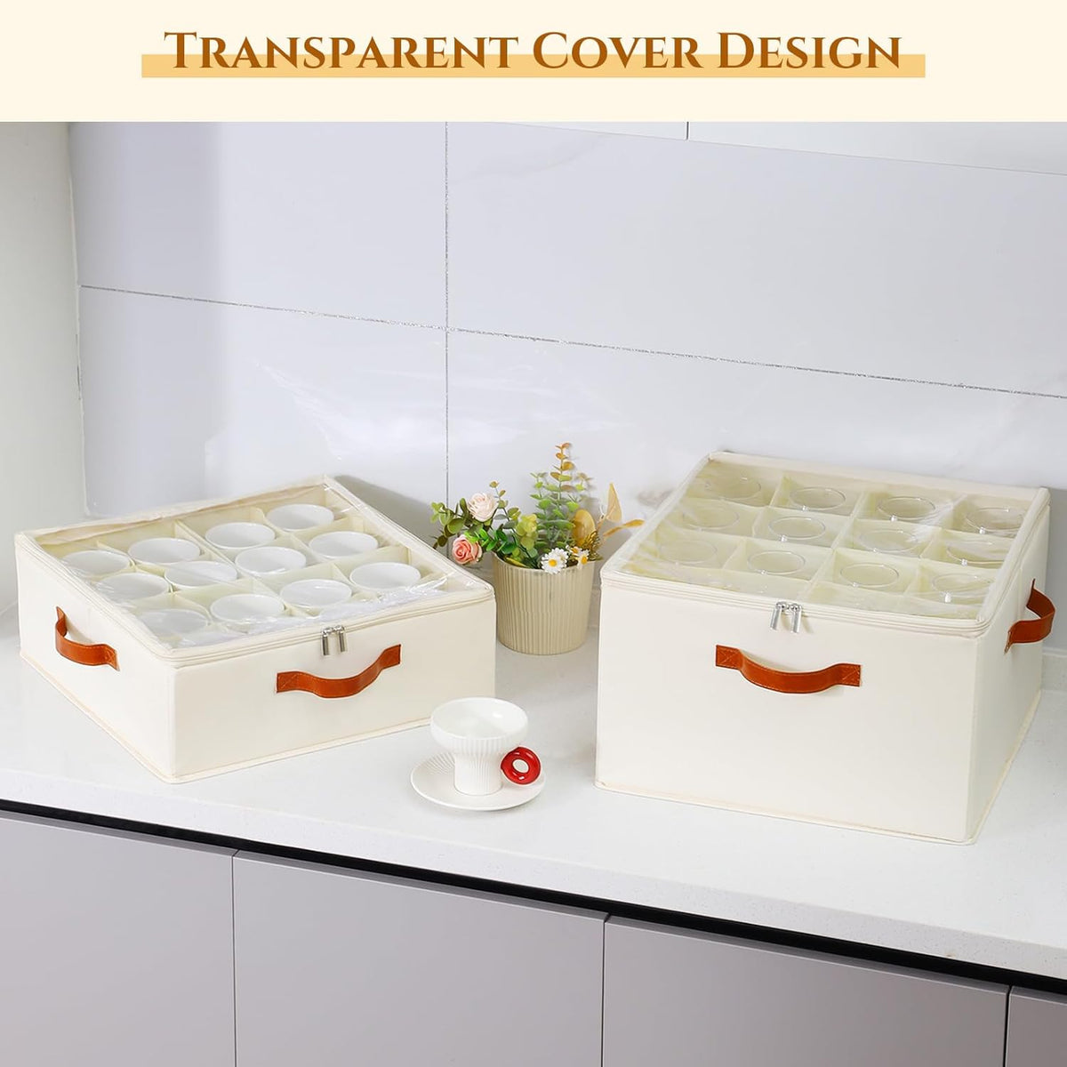 2 Pack Cup and Mug Storage Box with Dividers and Hard Shell, Stackable Coffee Cup Storage Organizer