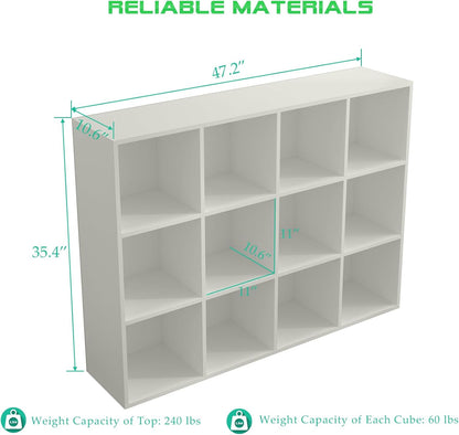 12-Cube Storage Shelf Bookcase - Wooden 3-Tier Floor Standing Open Bookshelf for Home and Office