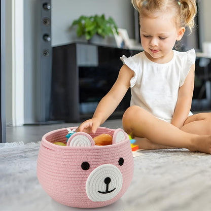 PandaEar Cotton Rope Baby Basket, Baby Gift Basket Nursery Laundry Organizer with Cute Bear Design