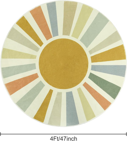 STARUIA Boho Round Rug 4 Ft Washable Area Rug for Kids Room, Colorful Sun Circle Rug for Playroom
