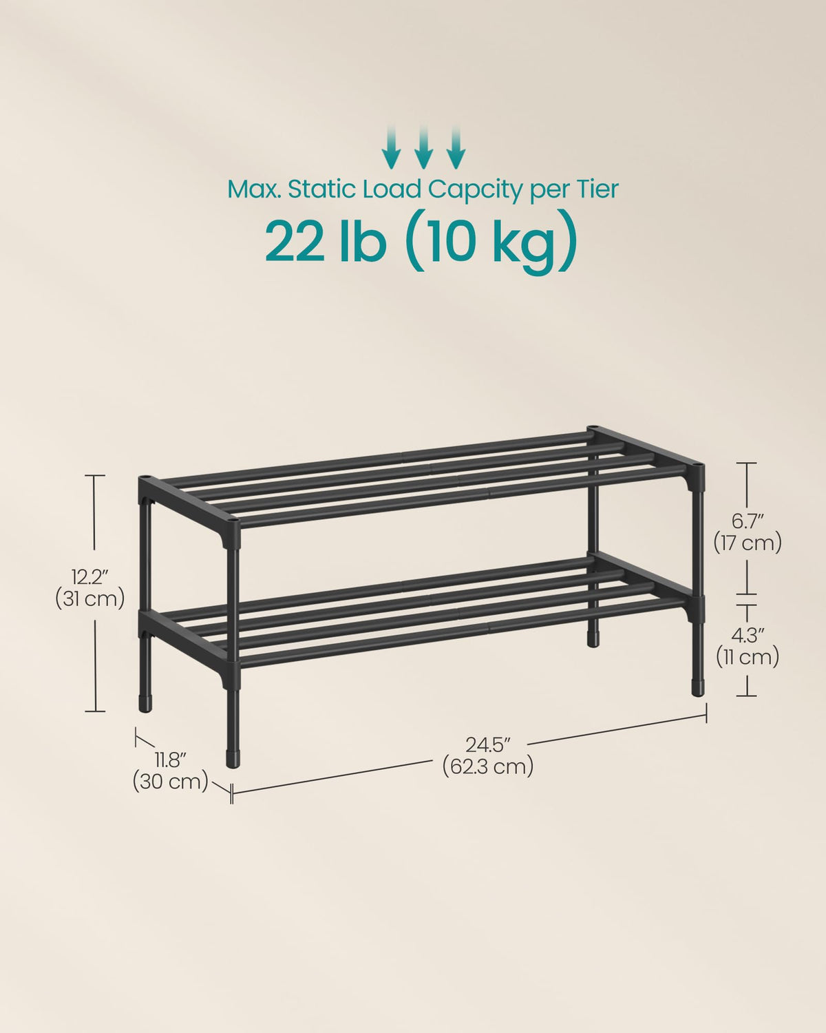 SONGMICS 2-Tier Shoe Rack, Stackable Compact Metal Shoe Storage Organizer