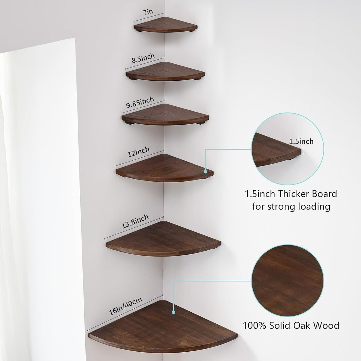 Corner Shelf, Solid Oak Wood Floating Corner Shelf Wall Mount Round End Floating Speaker with Wire