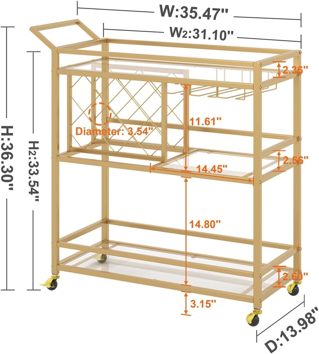 FATORRI Bar Cart Gold, Home Bar Serving Cart with Wine Rack and Glasses Holder, Wine Carts on