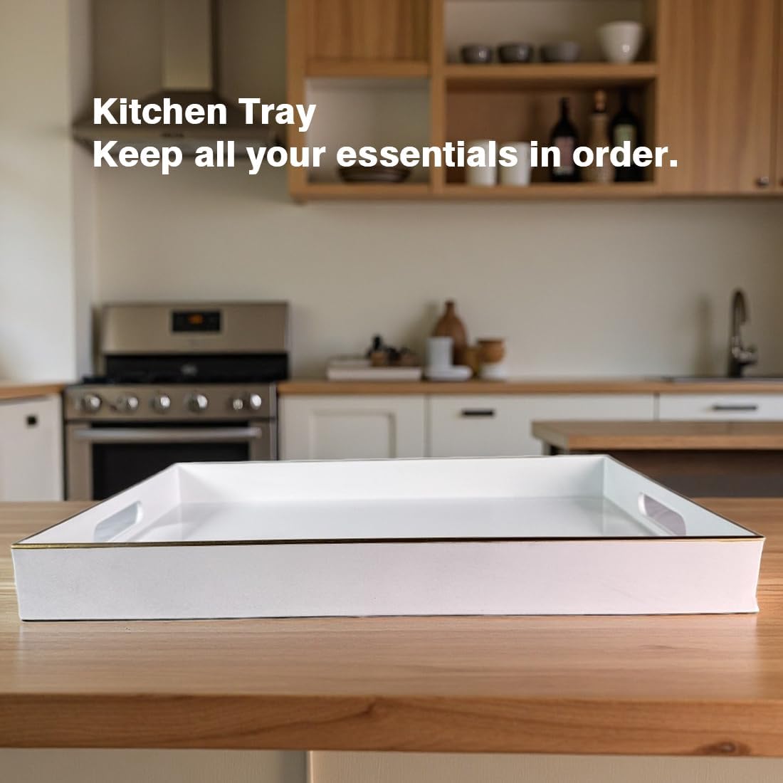Large White Rectangular Decorative Tray – Plastic Serving Tray with Handles for Coffee Table