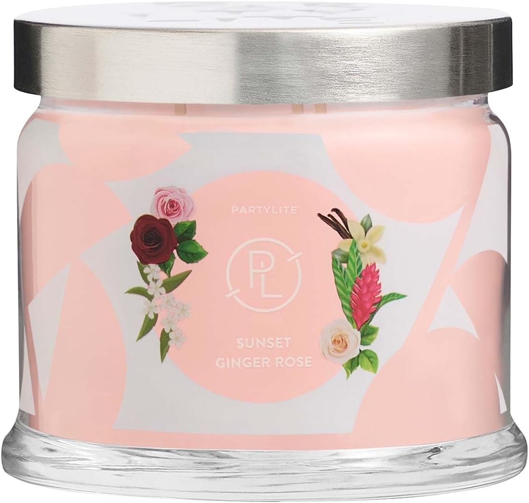 PartyLite Scented Jar Candle, Bergamot and Ginger Blossoms with Jasmine and Rose Scent, 3-Wick