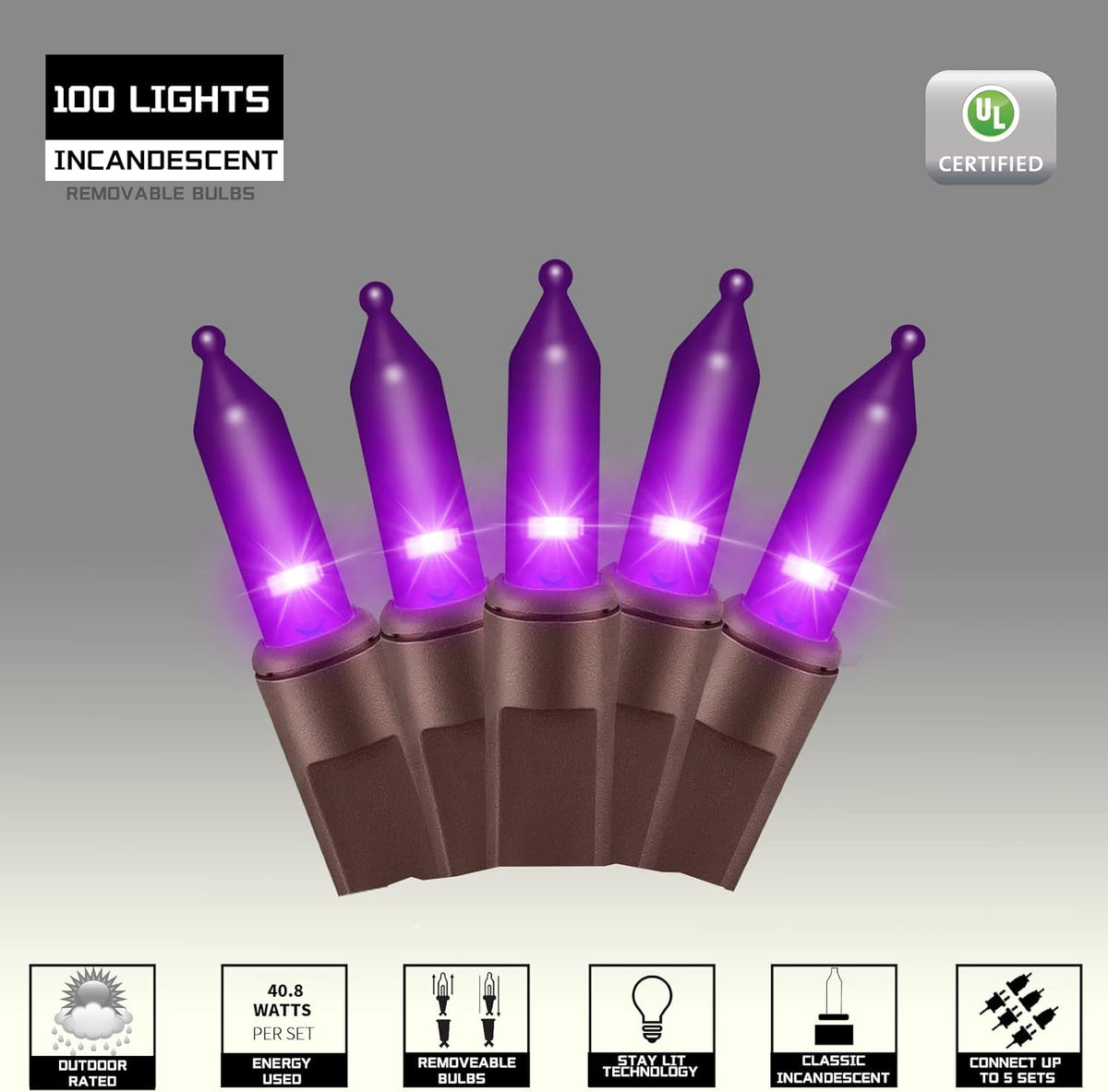 100LIGHTS Purple Extra-Bright with End Connectors Halloween Decorative Lights 5.98m UL Certified