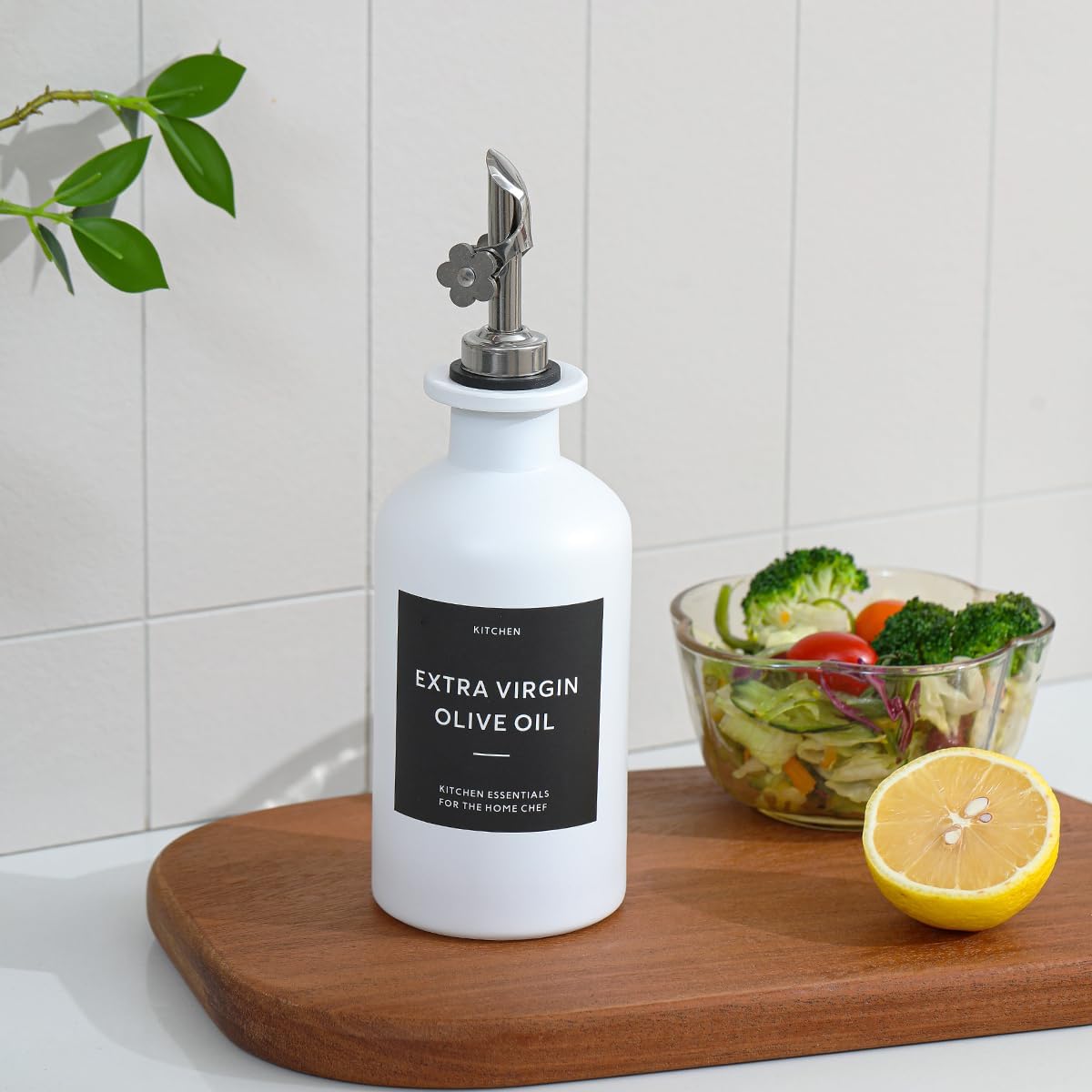 HOMCDALY Olive Oil Dispenser for Kitchen, 11.8oz Glass kitchen Dispenser Bottle, White Oil&Vinegar