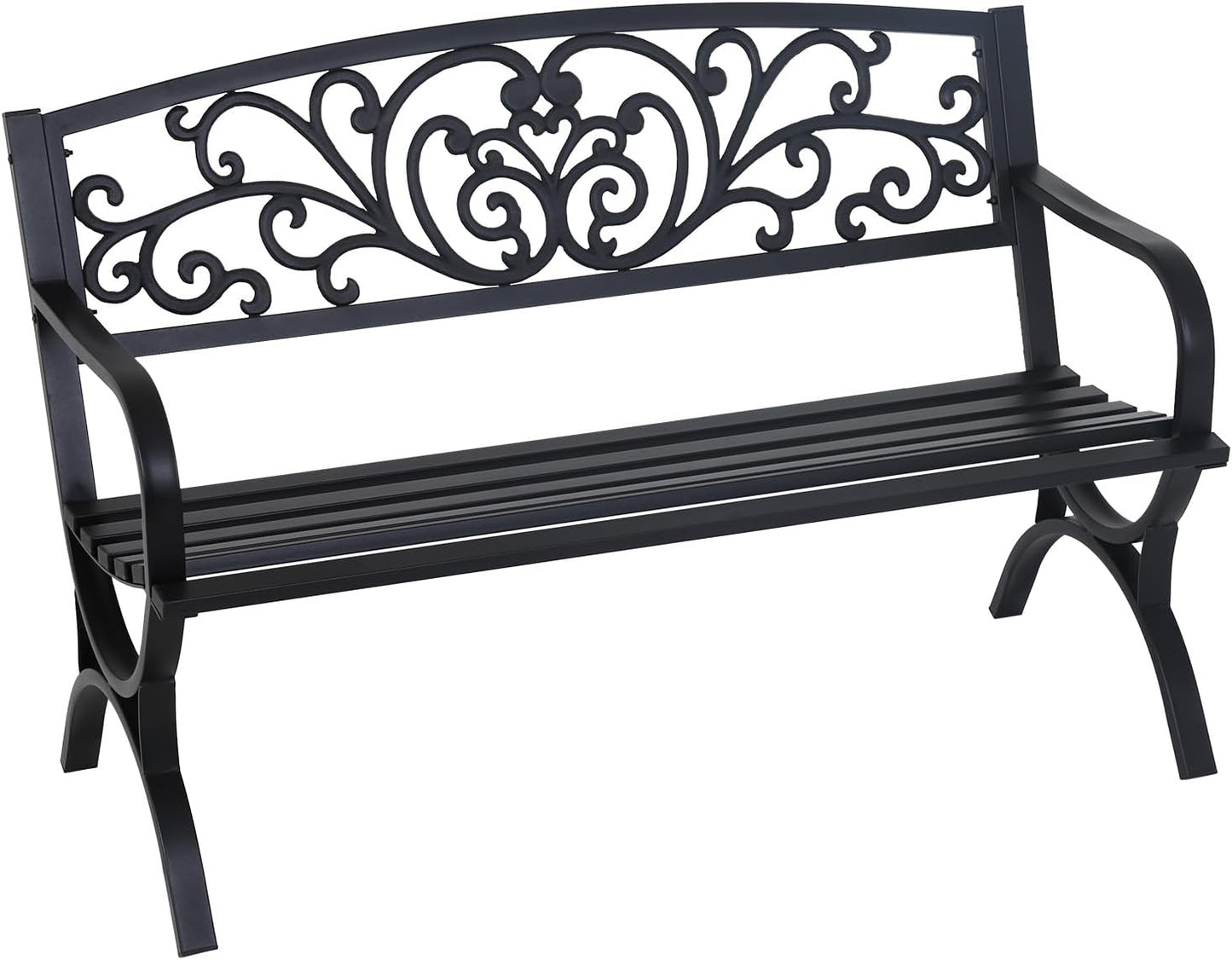 FDW Outdoor 50 Inches Garden Bench, Slatted Seat Armrests Floral Design Backres and Arch Legs