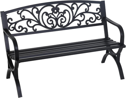 FDW Outdoor 50 Inches Garden Bench, Slatted Seat Armrests Floral Design Backres and Arch Legs