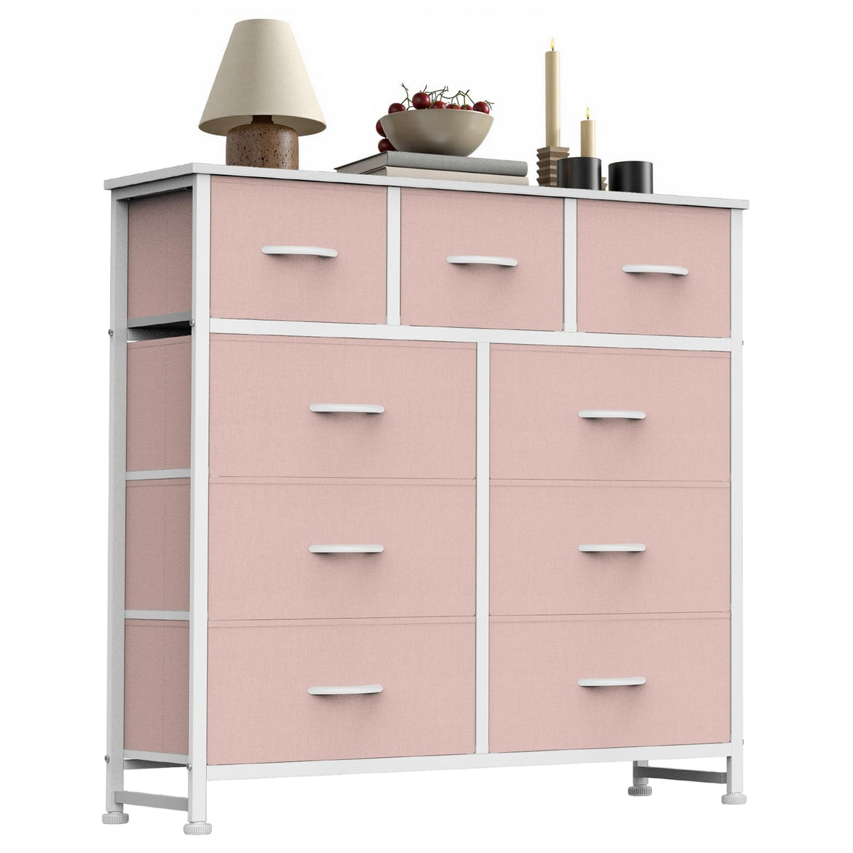 Sweetcrispy 9 Drawer Fabric Dresser Storage Tower Drawer Organizer, Pink