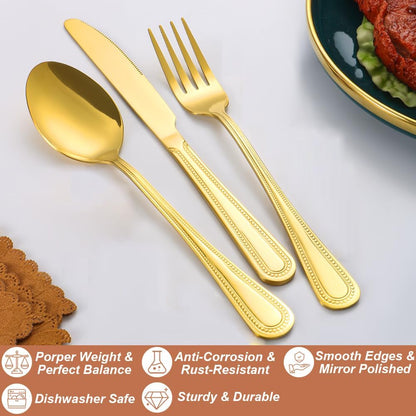 40 Pcs Gold Silverware Set for 8 with Pearled Edge Handle design, Food Grade Stainless Steel