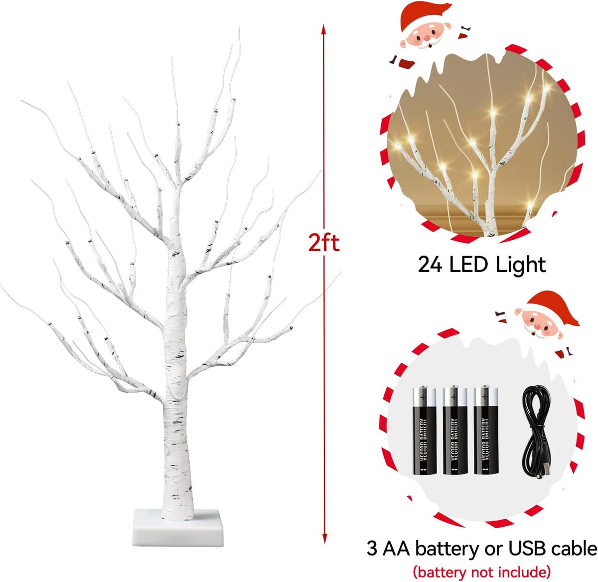 Christmas Decorations Indoor,2 Pack 2 FT White Lighted Birch Tree with Led Lights,Christmas Tree