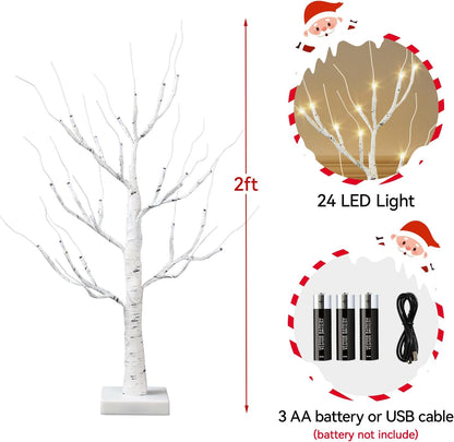 Christmas Decorations Indoor,2 Pack 2 FT White Lighted Birch Tree with Led Lights,Christmas Tree