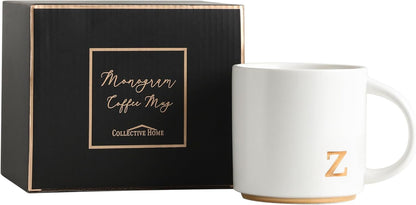 COLLECTIVE HOME - Monogram Ceramic Mugs, 15 oz Golden Initial Coffee Cups, Elegant Alphabet Tea