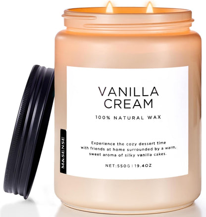 M&SENSE Vanilla Soy Candles, Large 2 Wick Jar Candle 19.4oz, 110 Hours Burning Time, 100% Natural
