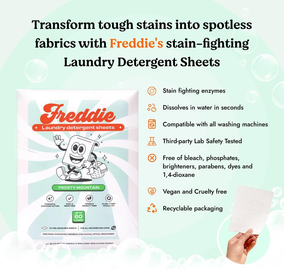 Freddie Laundry Detergent Sheets - Recyclable Packaging - No Mess Strips - 60 Loads - Crisp Frosty