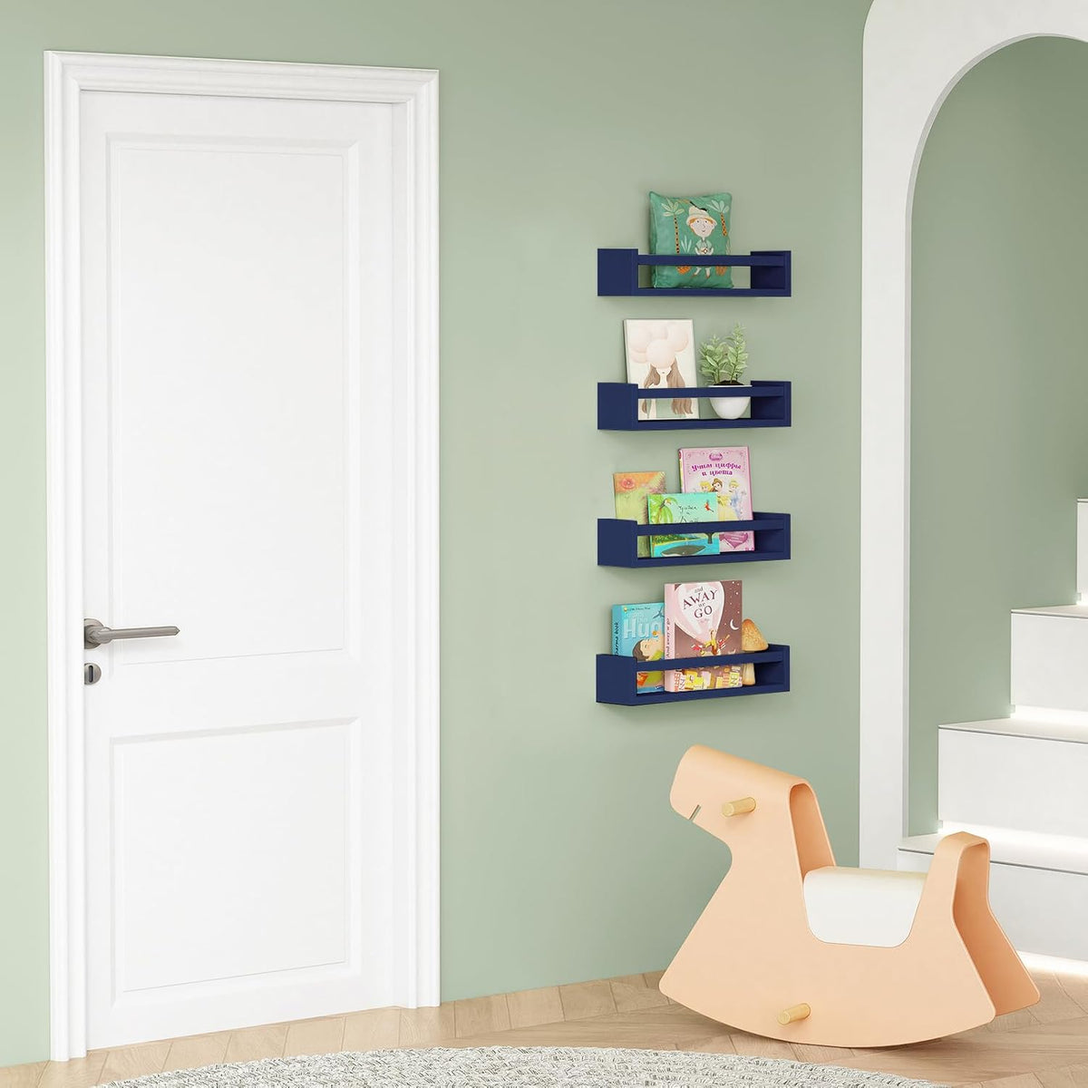 Forbena Navy Blue Floating Book Shelves for Nursery Boy, Decorative Wall Bookshelf for Kids Room
