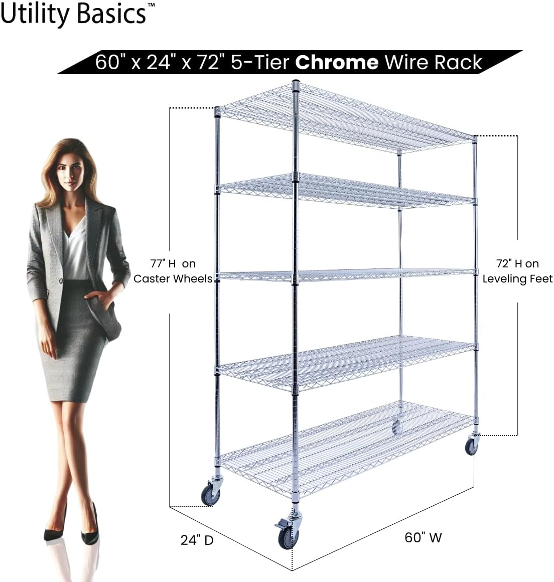 60"x24"x72" Chrome 5-Tier PREMIUM Wire Shelving NSF 4000 LBS MAX CAPACITY Heavy Duty Steel Storage