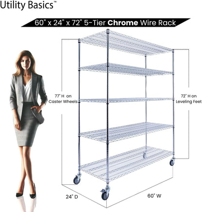 60"x24"x72" Chrome 5-Tier PREMIUM Wire Shelving NSF 4000 LBS MAX CAPACITY Heavy Duty Steel Storage