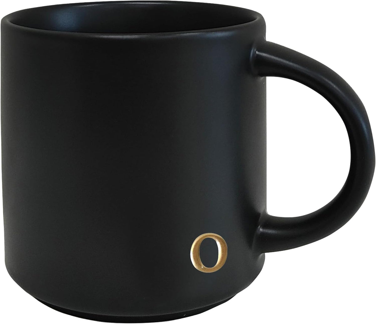 COLLECTIVE HOME - Black Monogram Ceramic Mugs, 15 oz Golden Initial Coffee Cups, Elegant Alphabet