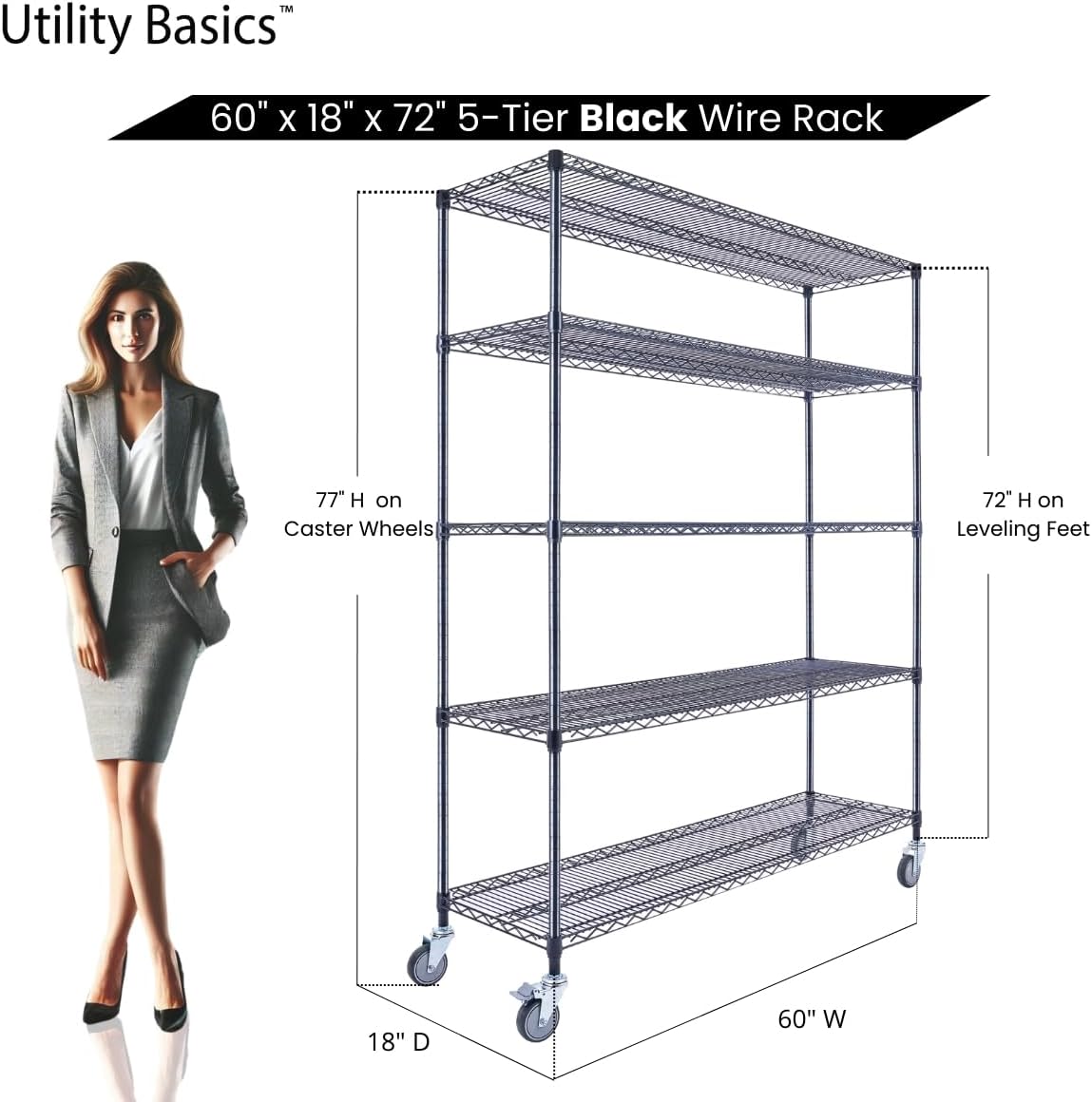 60"x18"x72" Black 5-Tier Premium Wire Shelving NSF 4000 LBS MAX Capacity Heavy Duty Steel Storage