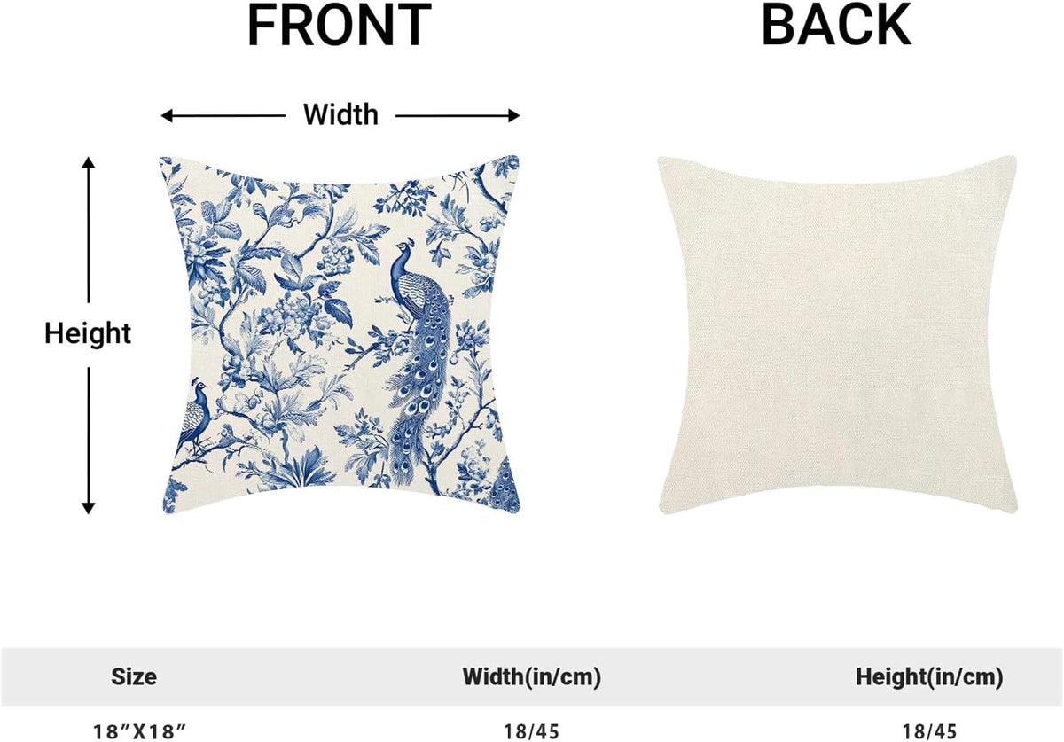 Navy Blue Spring Floral Pillow Covers 18 x 18 Inch Set of 2 for Chinoiserie Flowers Bird Decor