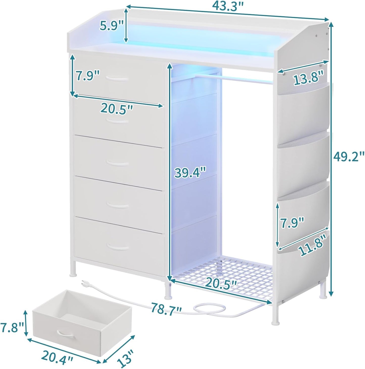 LUMTOK Modern 5 Dresser with LED Hanging Rack, Dresser with Clothes Rack, Hanger Rack, and Storage