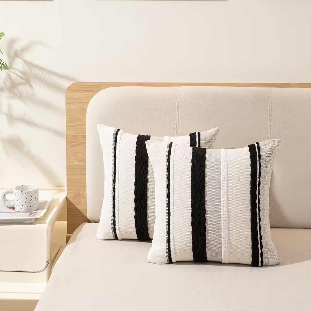 Boho Throw Pillow Covers 18x18 Set of 2 Farmhouse Decorative Cushion Case Striped Square Pillows
