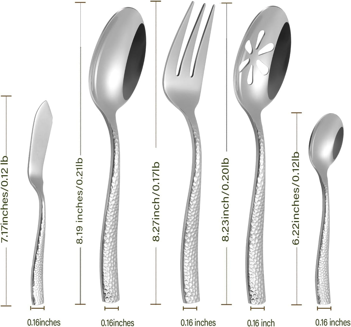 Stainless Steel Silverware Serving Set Hammered Silver Mirror Finished 5 Piece Serving Utensil Set