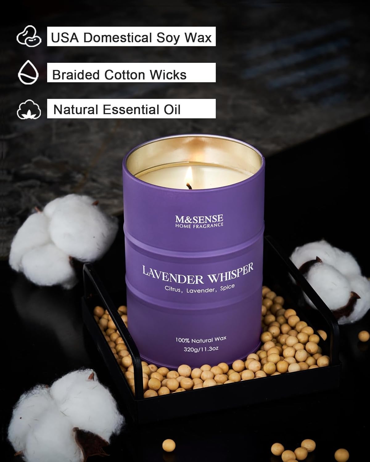 M&SENSE Lavender Soy Candles for Home Scented 11.6oz 70 Hour Long Burning, Aromatherapy Candle for