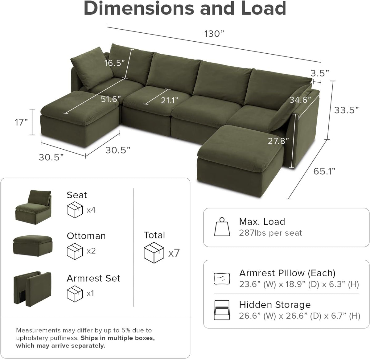mopio Oversized Modular Sectional Sofa with Fully Removable Covers and Storage, Convertible U