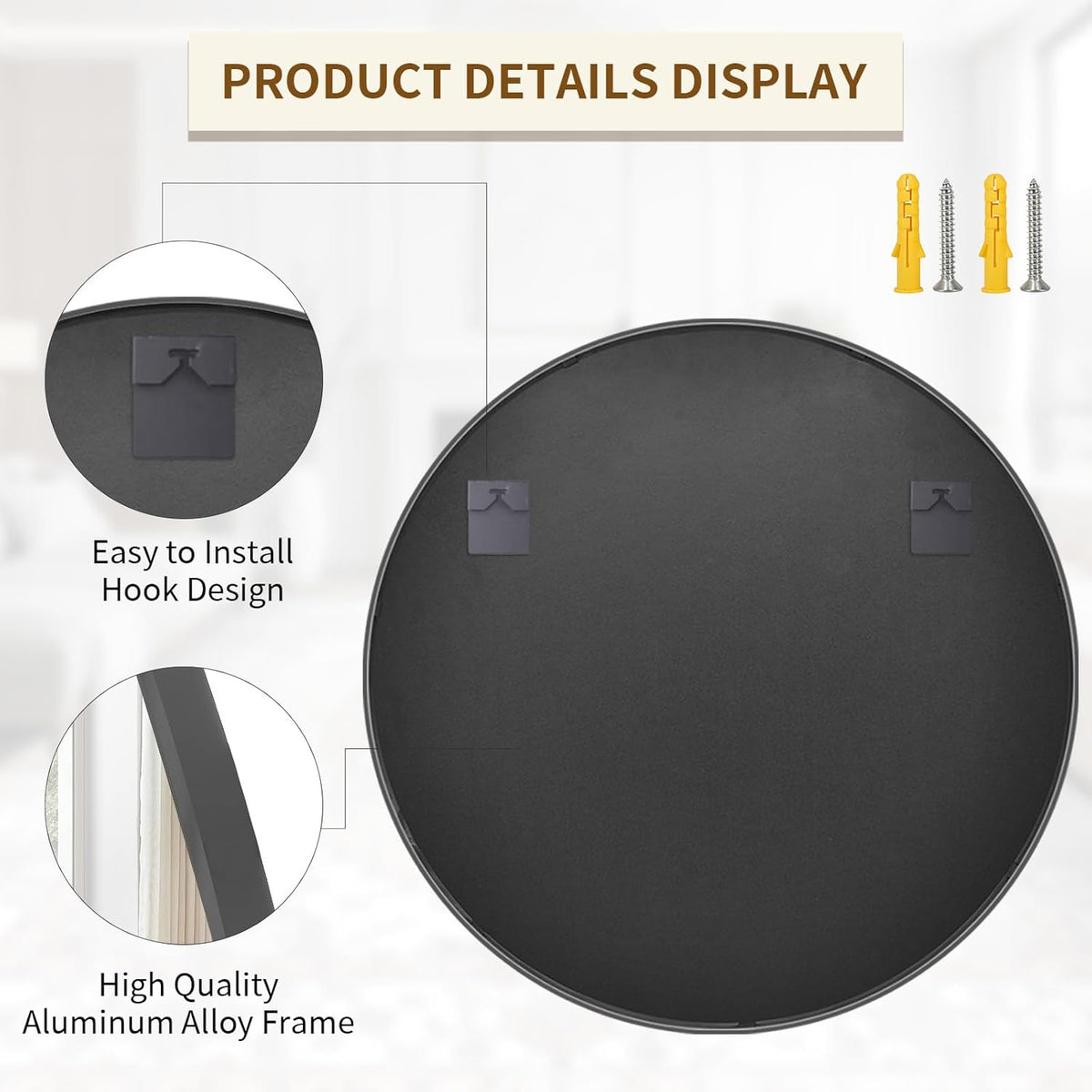 BEAUTYPEAK 48 Inch Round Mirror, Metal Frame Circle Mirror, Wall Mounted for Entryway, Bathroom