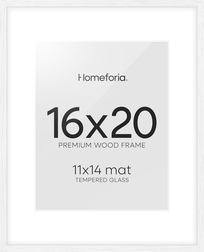 Homeforia 16x20 White Picture Frame, High End Oak 16x20 White Wood Frame with Mat 11x14 Photo, 16 x