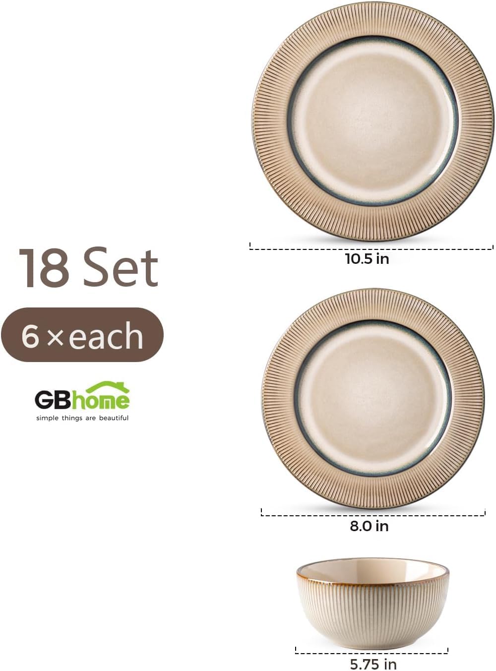 GBHOME Ceramic Dinnerware Sets, 18 Piece Embossed Elegant Stoneware Plates and Bowls Sets